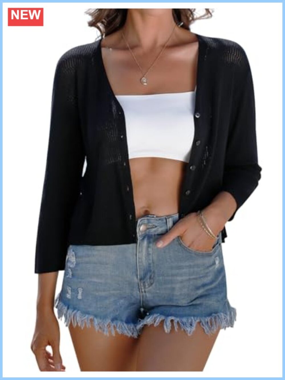 Womens Crochet Knit Shrug Cardigan 3/4 Sleeve V-Neck Button Up Cropped Sweater